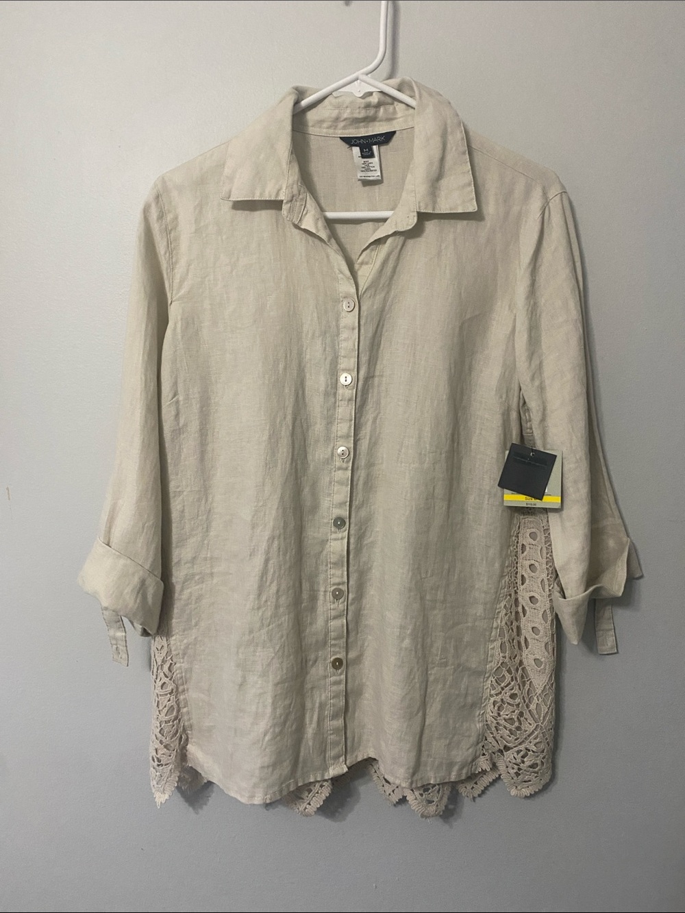 John Mark Cream Button-Down Linen Shirt with Lace Inset Woman Medium